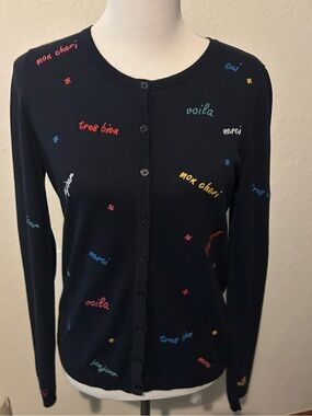 Talbots Navy Blue Cardigan Sweater with Embroidered French Parisian Words